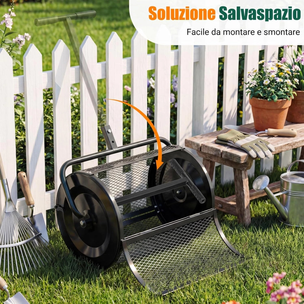 Spandiconcime a Rullo, Rullo da Giardino con Impugnatura Pratica Chiusure Laterali e Rete in Metallo per Concimazione e Semina, Spandiconcime per Prato e Giardino (40 x 61 cm Nero)