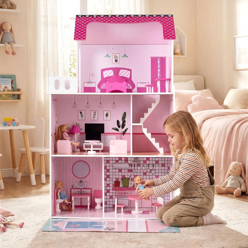 Casa delle Bambole a 3 Piani in Legno, Casa Barbie con Scale e 17 Pezzi di Mobili Completi, Villa da Principessa Fai-da-Te Giocattolo per Bambini 3+ Anni, 74,5 x 63 x 120,5 cm (Rosa)