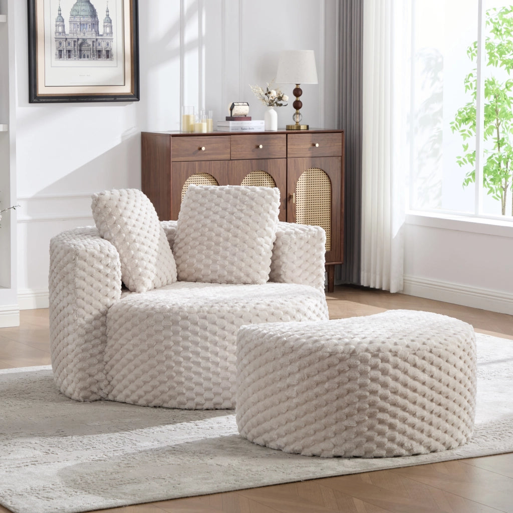 POLTRONA in tessuto beige 129x116x65 cm con poggiapiedi