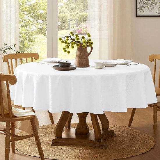 Tappeto di tavolo rotondo 140 cm Bianco Lavabile Impermeabile a Christmas Jacquard Onde Patrimonio di protezione contro macchie Tappeto di tavolo rotondo per Feste all'aperto Compleanni Capodanno Matrimonio Giardino