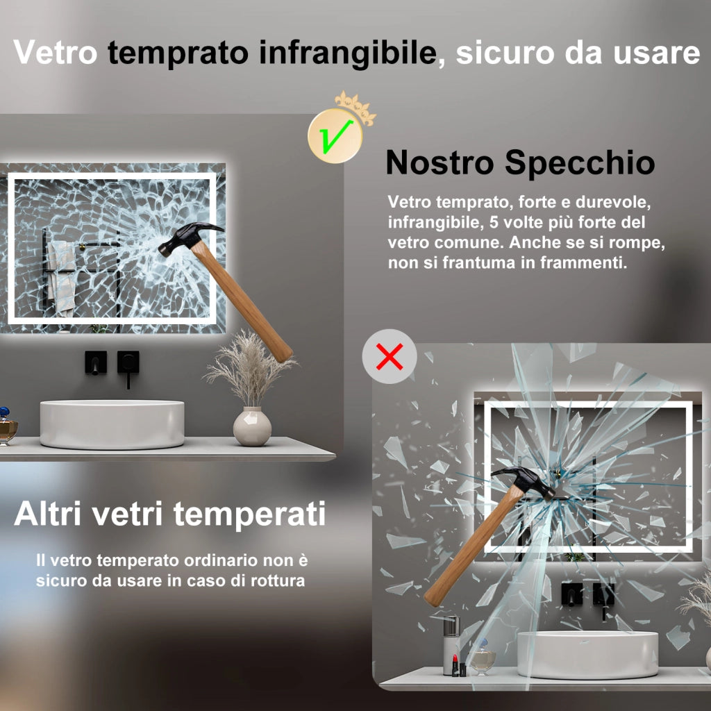 AICA Specchio da bagno  80 x 100 cm, dimmerabile, interruttore touch, Funzione Memoria, antiappannamento