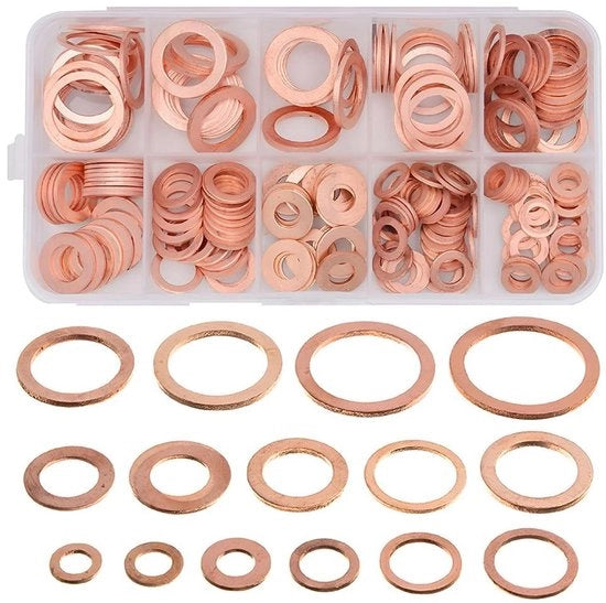 Kit di sigillatura in ottone da 100 pezzi - congegno di chiusura per olio - gomme sigillanti a disco piatto - con scatola.
