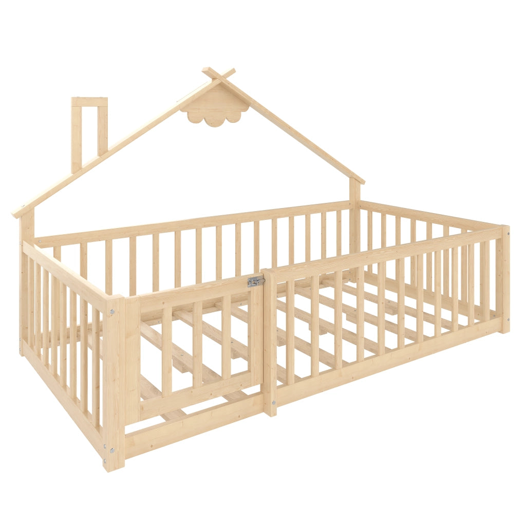 Letto per bambini 90x190 cm a forma di casa, in pino e MDF, colore naturale, con ringhiera di sicurezza