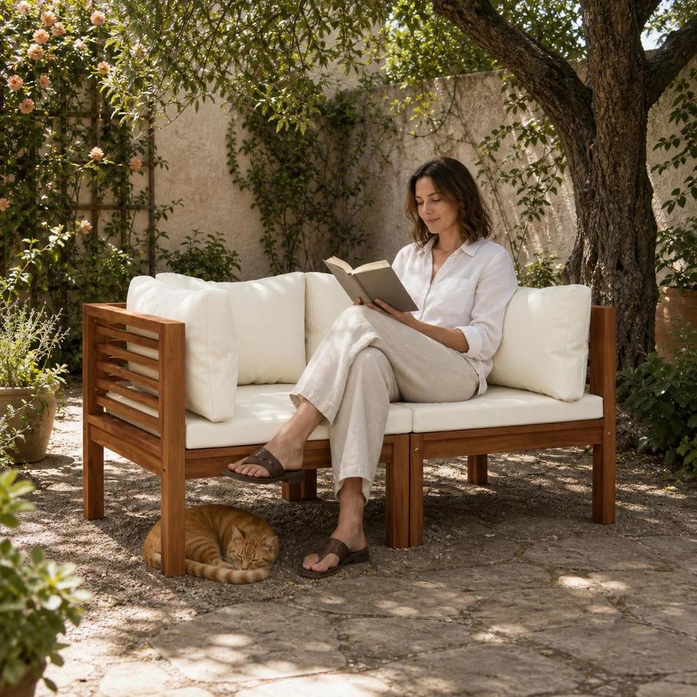 Corner Sofas, 2 Pieces, With Cream-white Cushions, Solid Acacia Wood