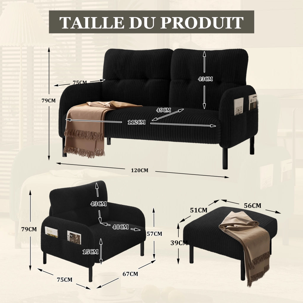 Set di Mobili da Soggiorno con Divano 2 Posti; Poltrona e Pouf; Seduta Profonda e Tasca Laterale; Velluto a Coste; Nero