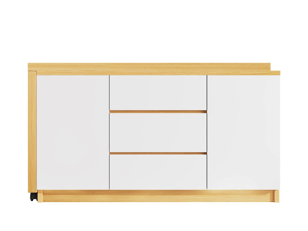Scrivania pieghevole girevole 360° con ruote bloccabili, 2 ante e 3 cassetti, 120x50x76,5 cm, bianco/rovere