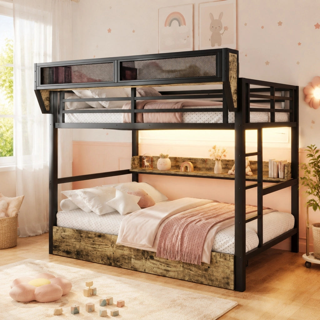 Letto a castello 140x200 cm con LED, cassetti e ripiani