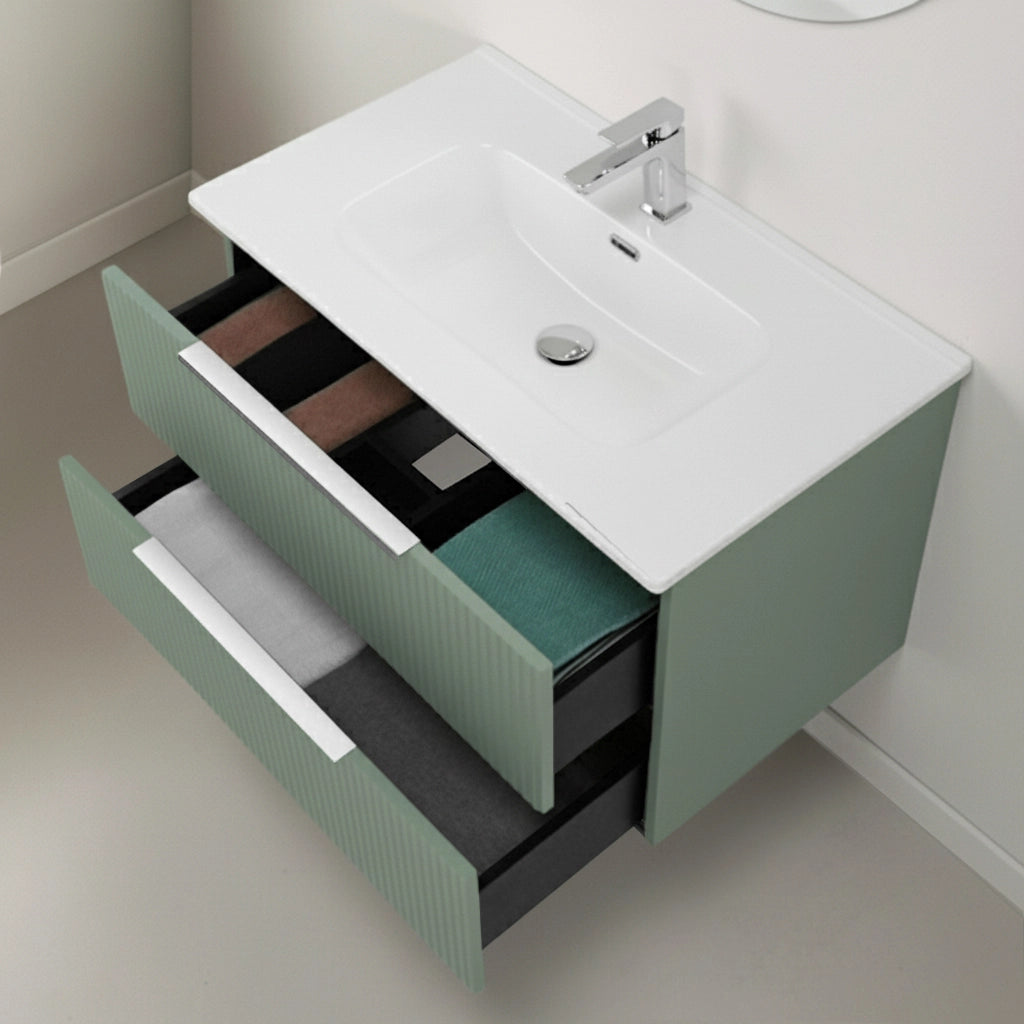 Mobile bagno sospeso 80 cm verde cannettato con lavabo e specchio tondo Zena