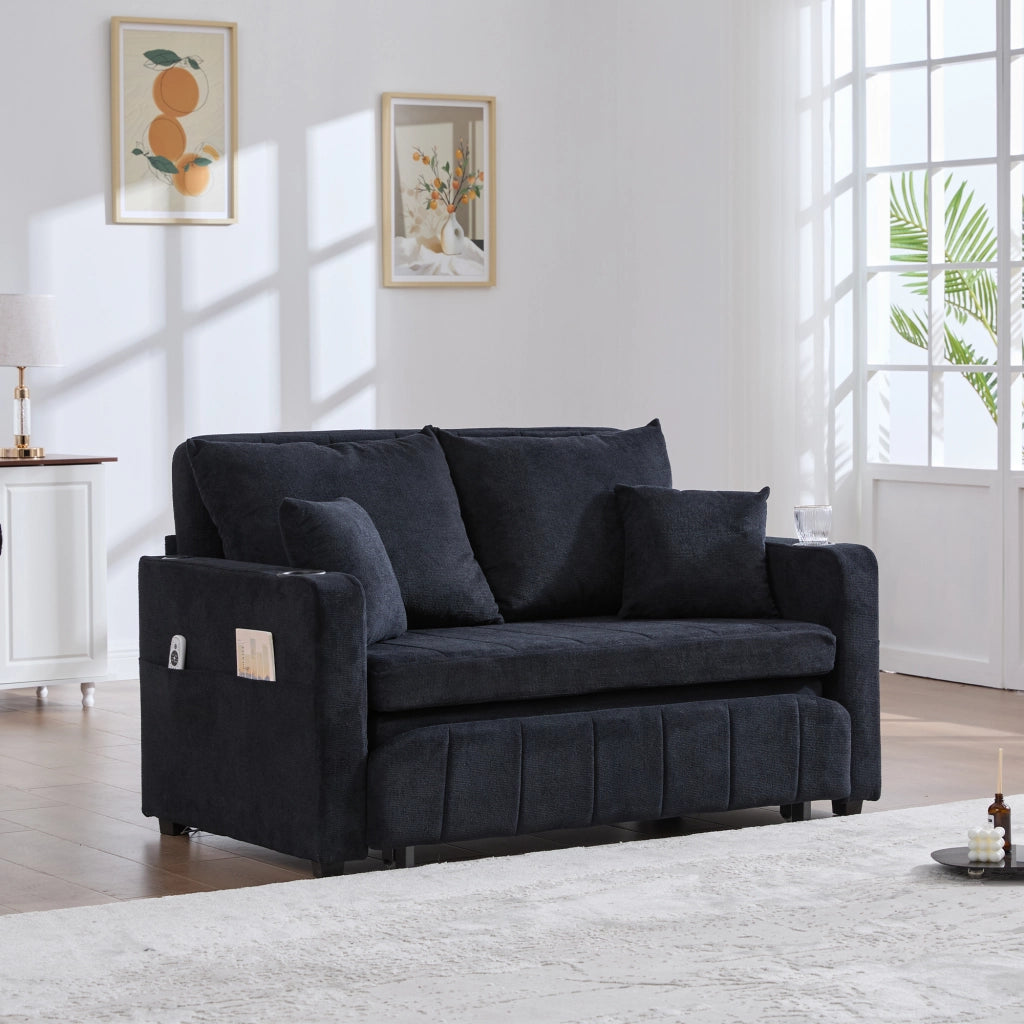 OKWISH Divano Letto 2 Posti con Tasca Laterale e 4 Cuscini, Seduta in Schiuma ad Alta Densità, Ciniglia, Nero
