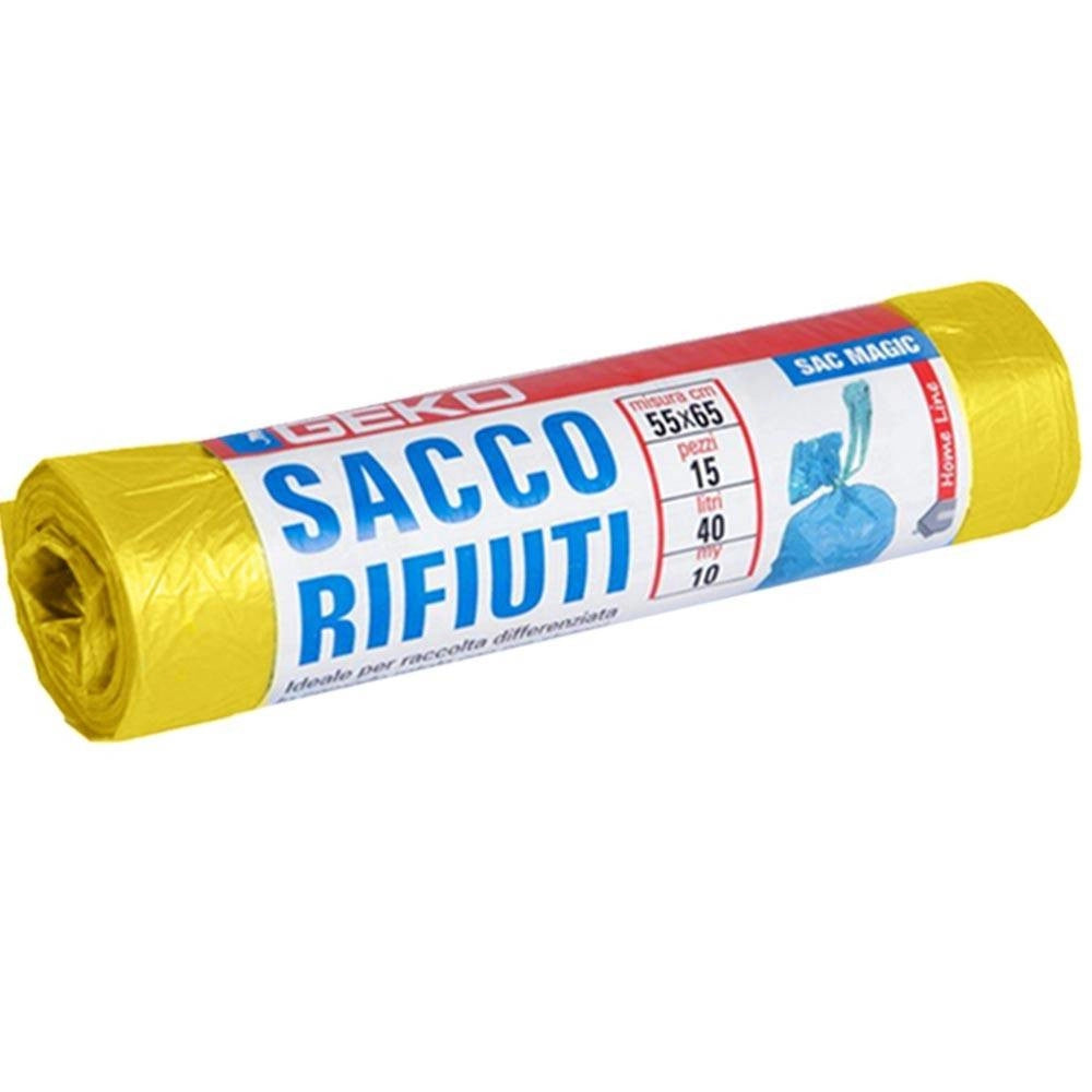 Trade Shop - 7x Rotoli Sacchetti Buste Spazzatura 40lt 55x65cm Chiusura Laccetto Giallo 105pz -