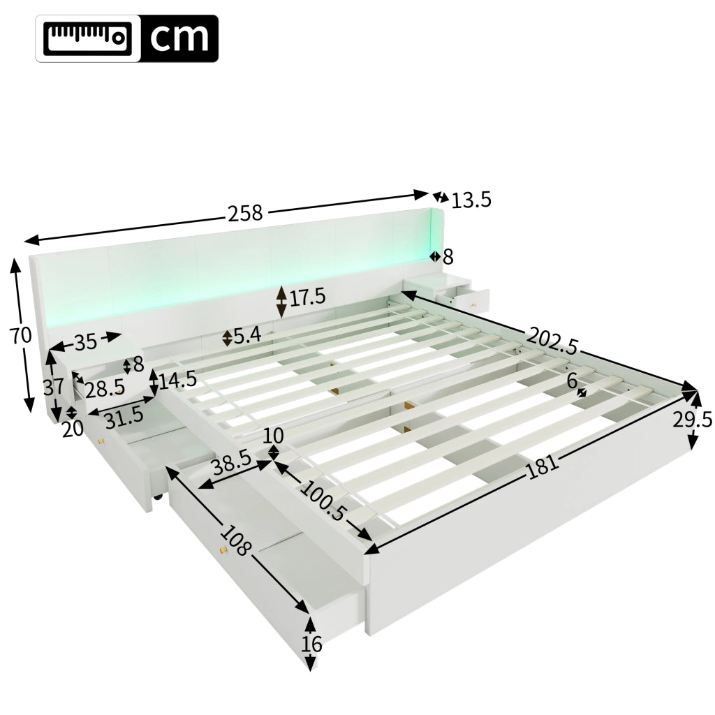 Letto matrimoniale 180x200 cm in MDF bianco con USB, prese, LED APP, 2 comodini, 2 cassetti, senza materasso