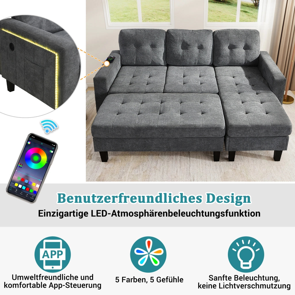 Divano letto angolare 3 posti - con pouf mobile; LED e USB - in chenille grigio antico