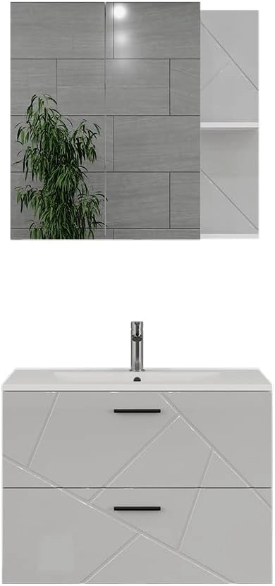 Set di mobili da bagno Irma, Antracite/Artisan, 80 cm, composto da mobile sottolavabo con lavabo e specchio per bagno