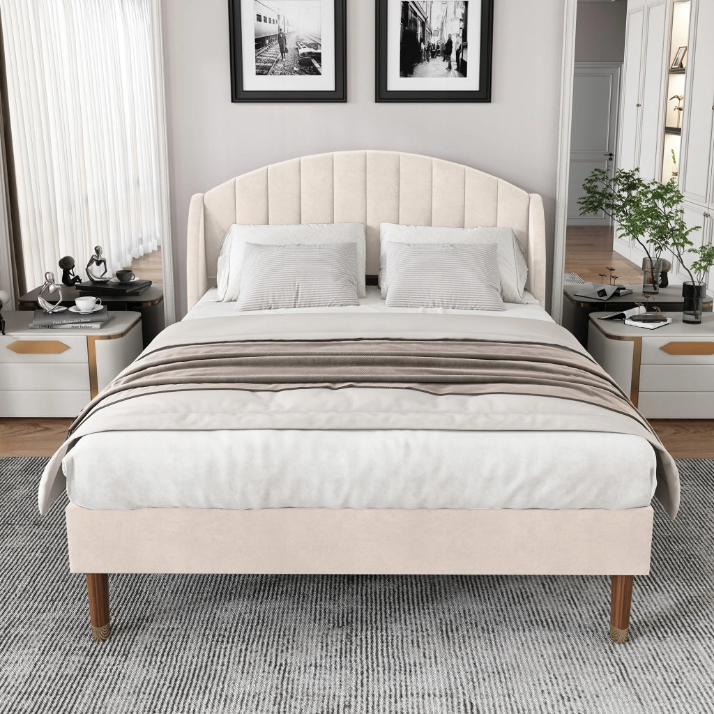 Letto matrimoniale 160x200 - Xylo - Velluto beige, struttura in legno