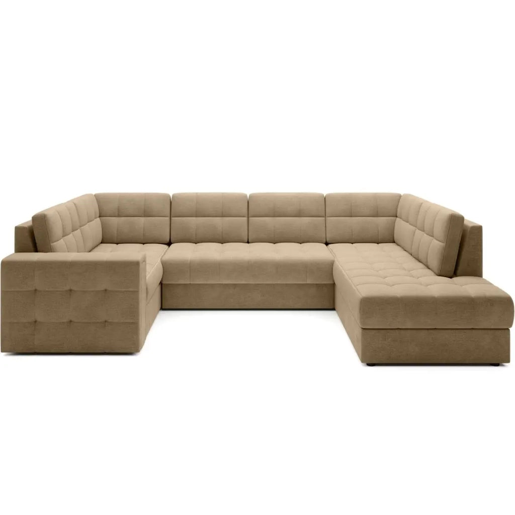 Divano angolare convertibile MONTEZA marrone chiaro 299 cm con contenitore e letto