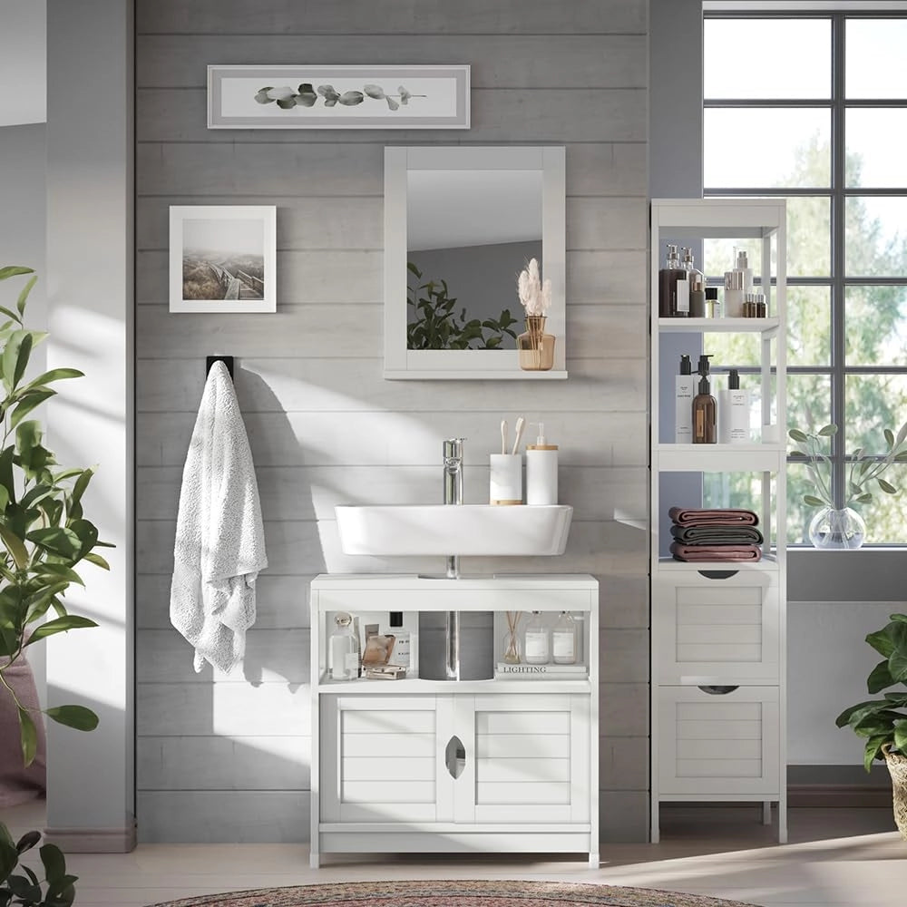 Set di mobili da bagno Vilda, Bianco, 60 cm, composto da mobile sottolavabo, specchiera e colonna alta