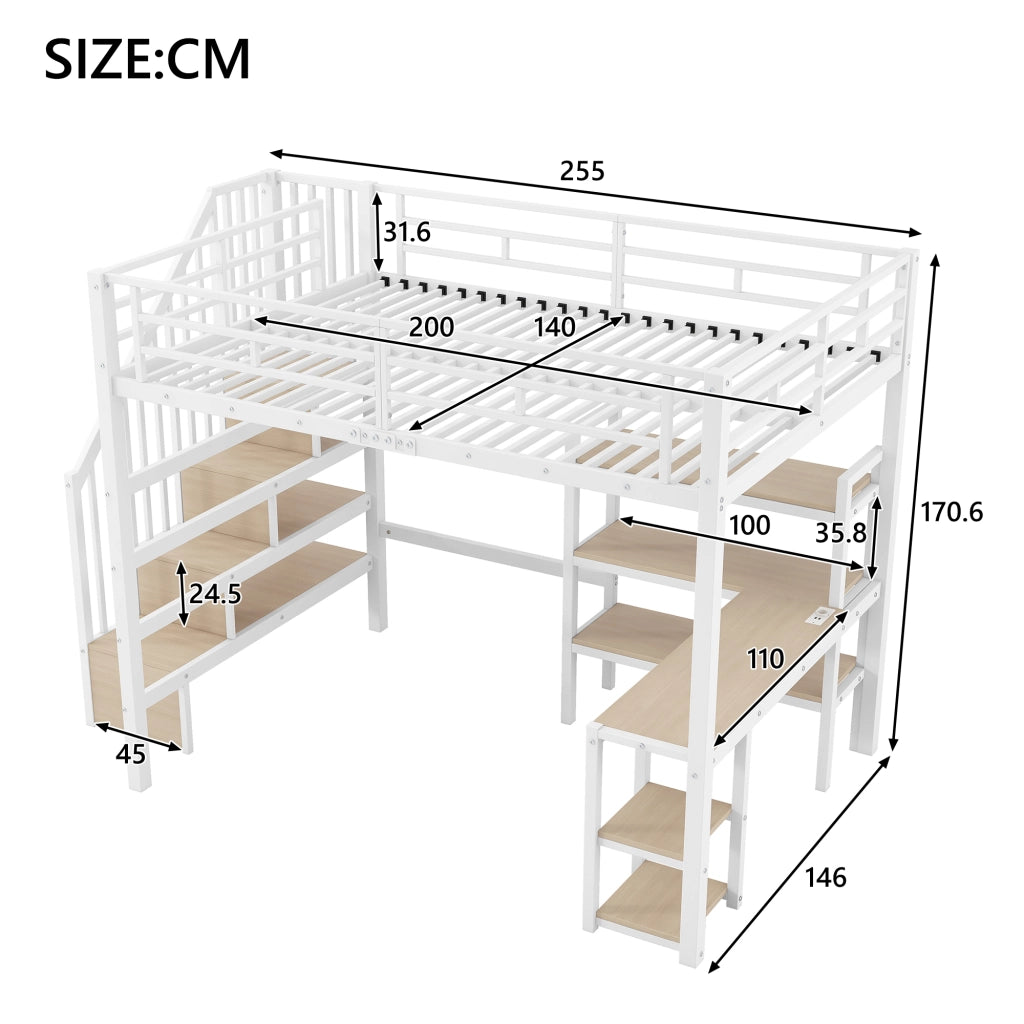 Letto a Soppalco con Scrivania, LED e USB ¨C MINIMAL ¨C Metallo Bianco 140x200