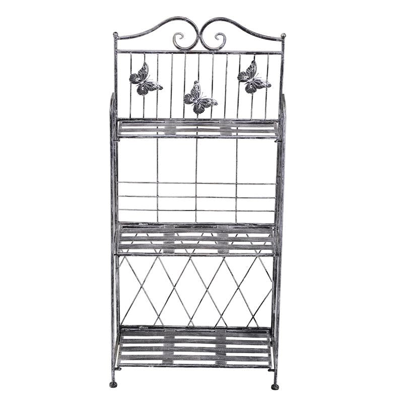 FIORIERA SCAFFALE CON FARFALLE E 3 RIPIANI  44 X 25 X 96 CM  COLOR GRIGIO ARGENTO