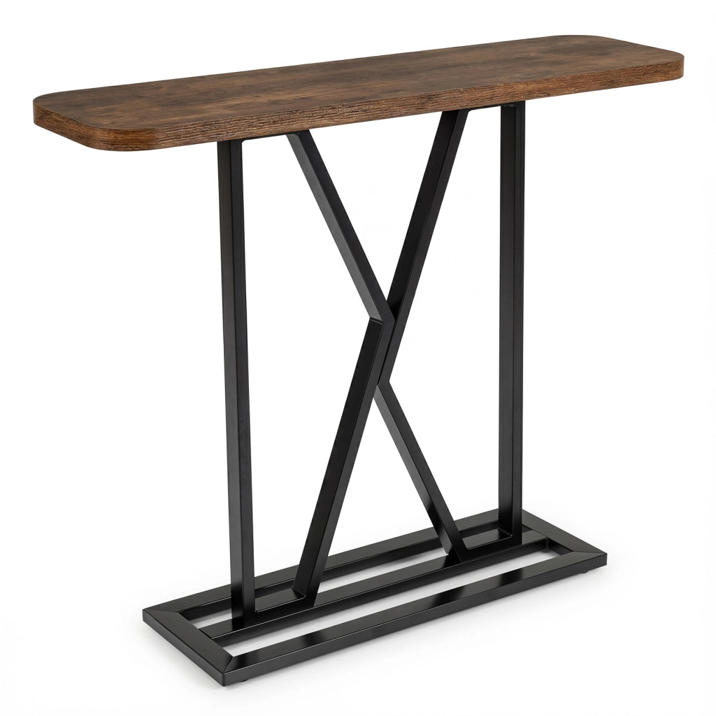 Tavolo consolle 100cm noce rustico metallo geometrica-Tavolo ingresso rettangolare industriale decorativo spazi ridotti