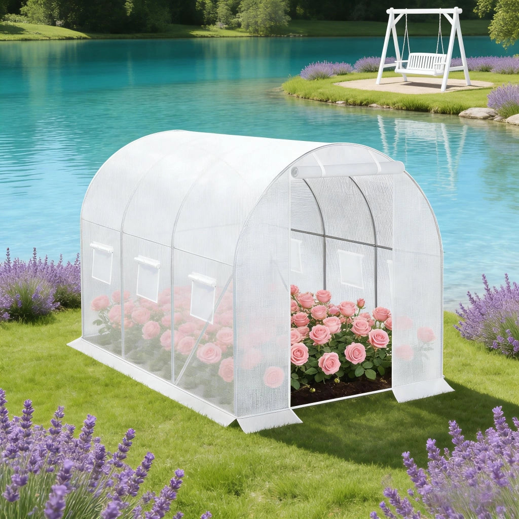 Serra a tunnel da giardino con porta a zip e 6 finestre laterali in acciaio zincato e rete PE bianco 300 × 200 × 190 cm