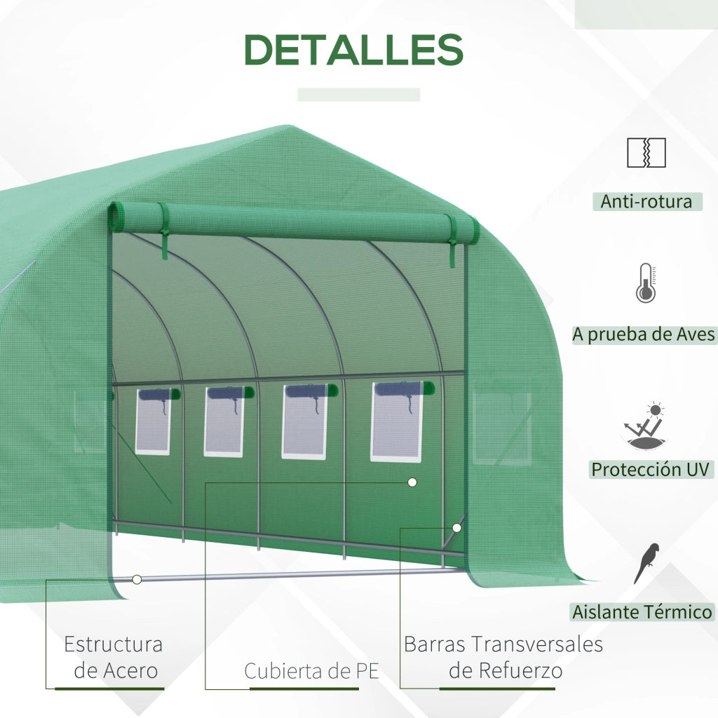 Serra Tunnel per Giardino ¨C Xylo ¨C 8x3x2m Verde con 12 Finestre PE 140g/m2