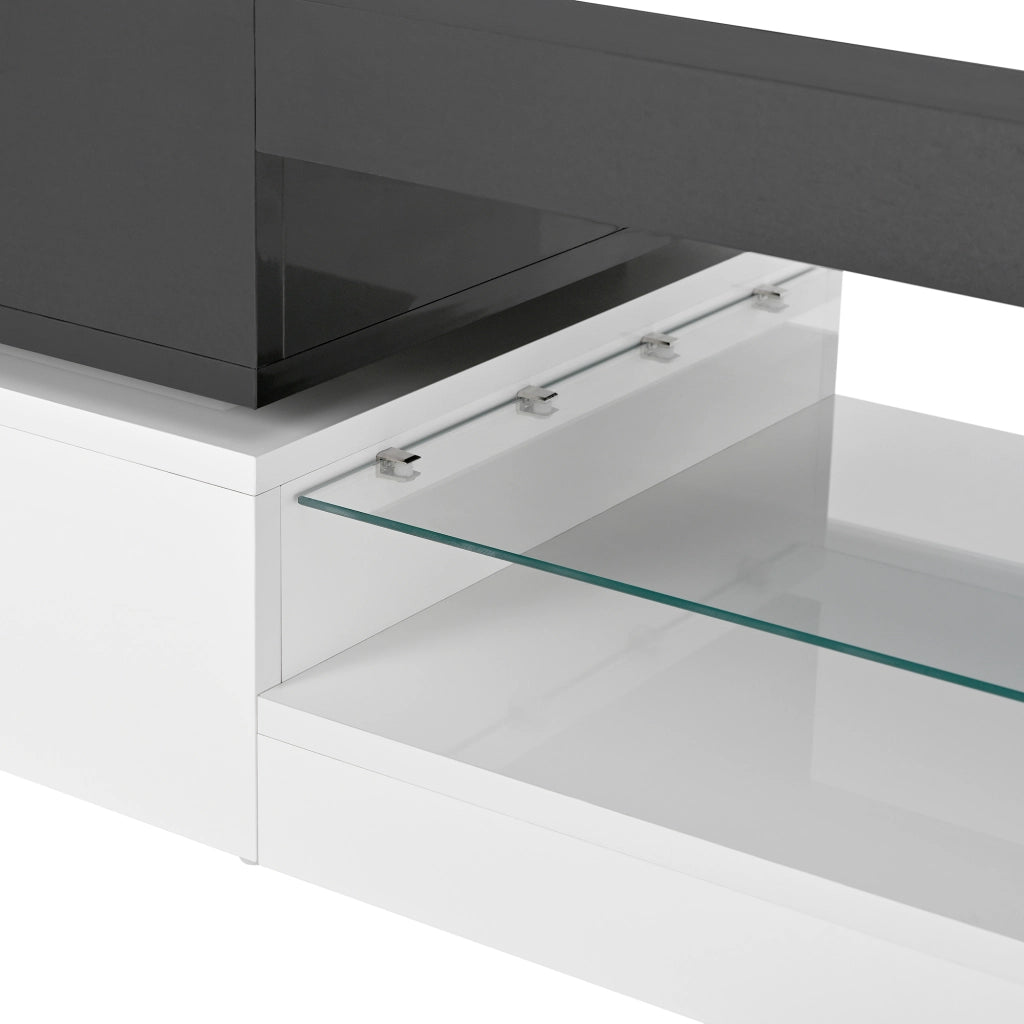 Tavolino da caffè 90x45x35.5 cm; LED con APP e Bluetooth; pannello truciolare e vetro; nero e bianco