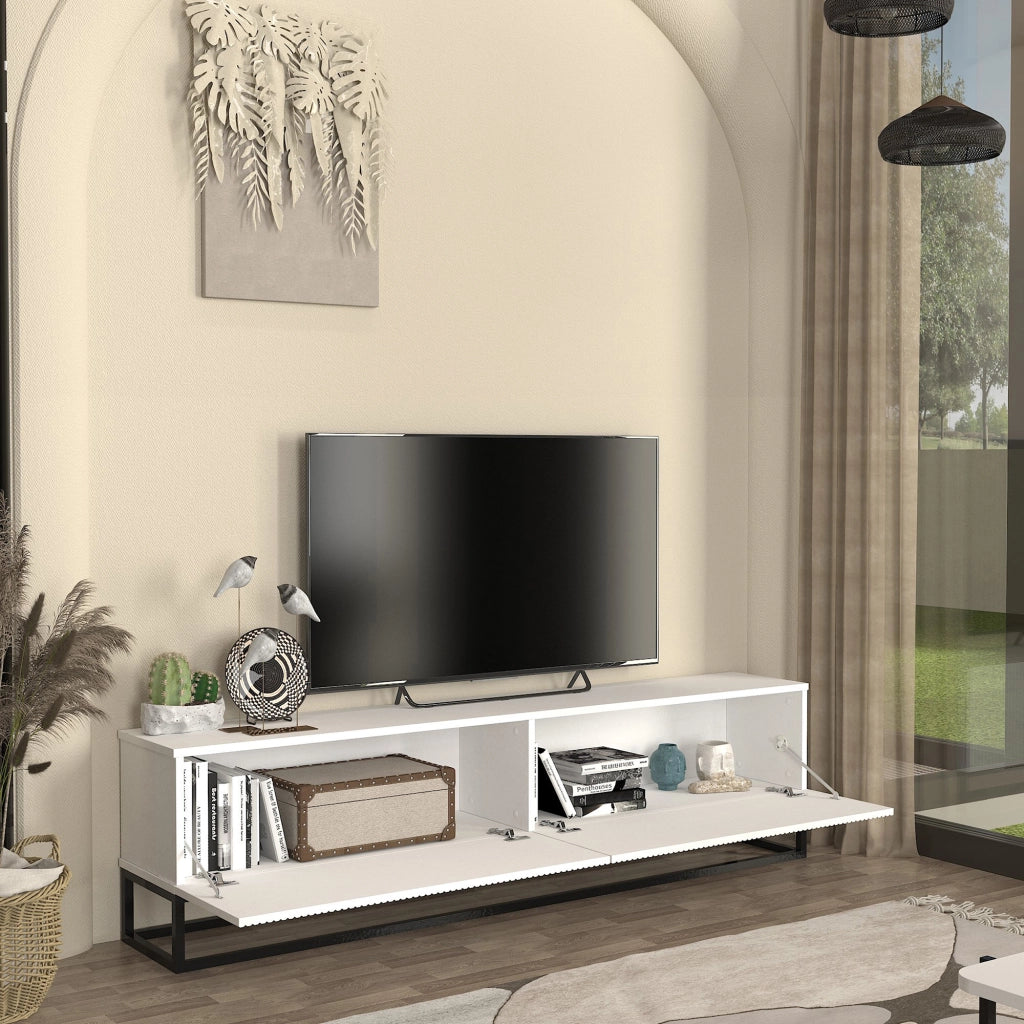 Mobile Porta TV Verpsboga a 2 Ante Decorative e Telaio Lungo in Metallo 180x32x47 cm - Bianco [en.casa]