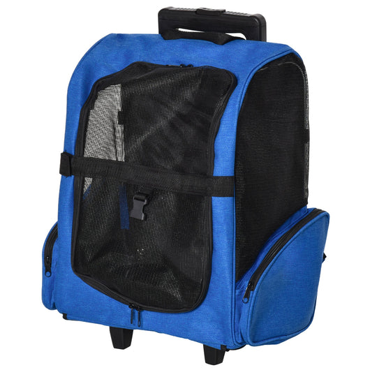 Trasportino Zaino 2 in 1 per Cani e Gatti 42x25x55 cm con Tasche e Maniglia Telescopica Blu