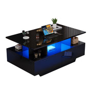TAVOLINO DA SALOTTO 90x55x41 cm Nero in pannello di legno con LED e 2 cassetti