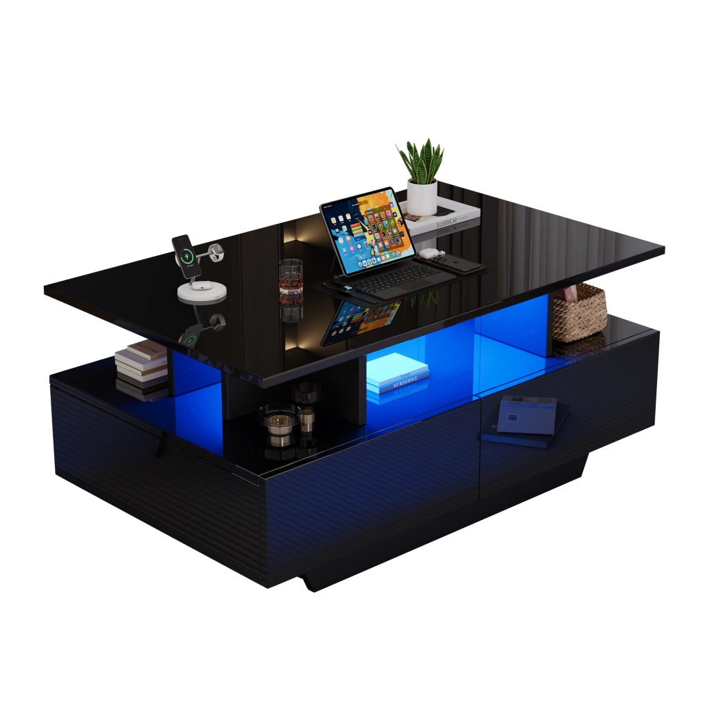 TAVOLINO DA SALOTTO 90x55x41 cm Nero in pannello di legno con LED e 2 cassetti