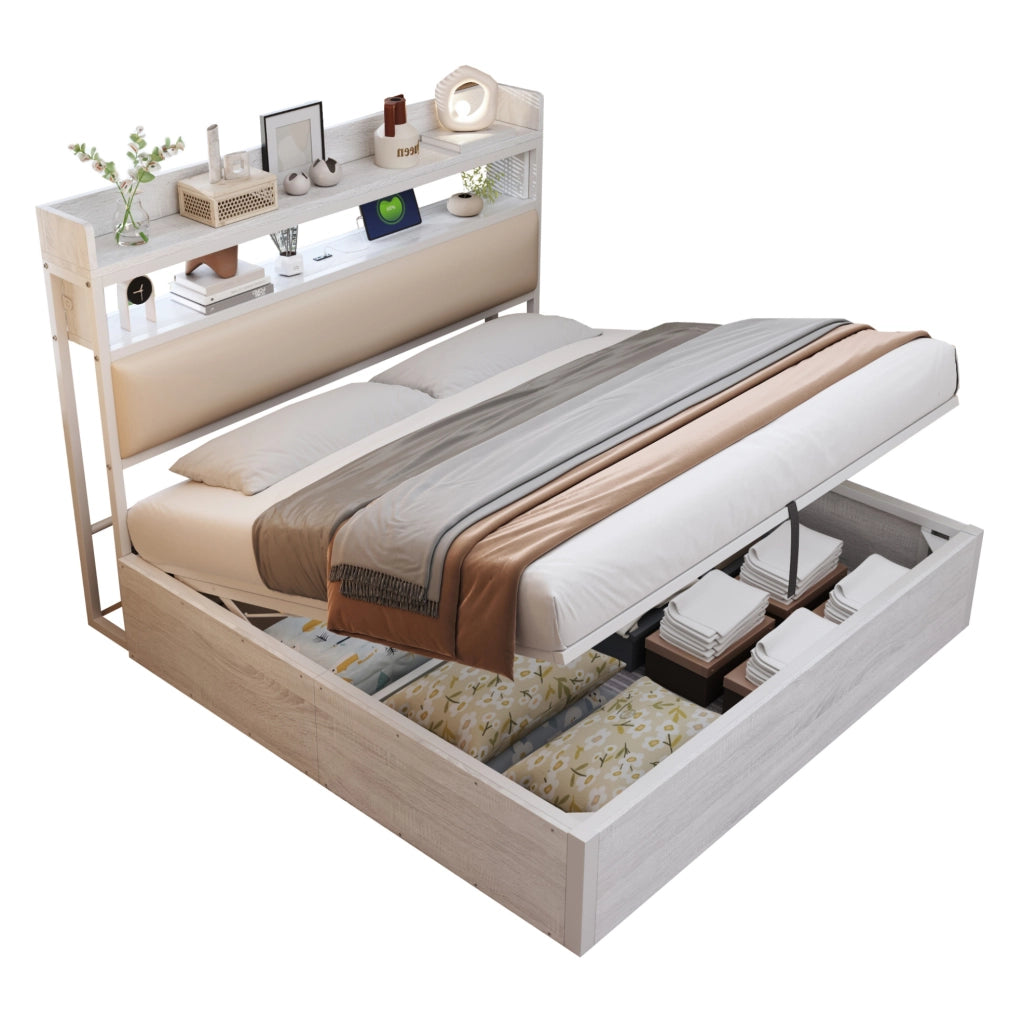 Letto matrimoniale 180x200 cm con contenitore; sollevamento idraulico; USB; testiera imbottita bianco