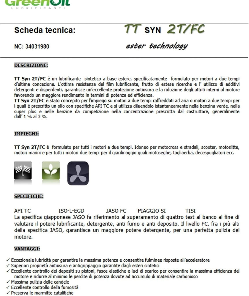 OLIO MISCELA PER MOTORI 2 TEMPI SYNT- ml 1000 con dosatore- GRYN- pezzi 1