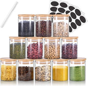 Set di 12 contenitori per spezie e erbe con coperchio in bambù - ideali per contenitori di stock per spezie e erbe - conservatori in vetro con coperchio in bambù