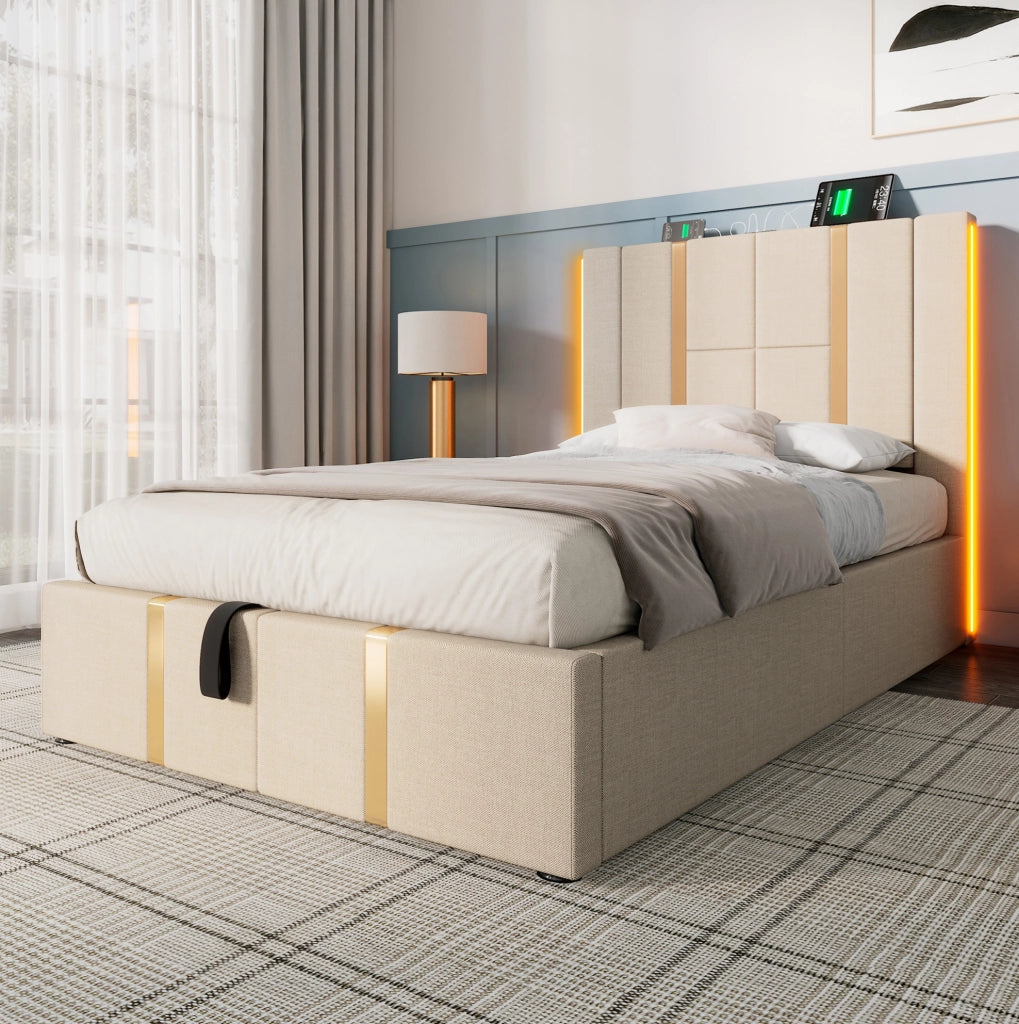 Letto singolo 90x200 cm con contenitore; LED RGB e USB-C; beige