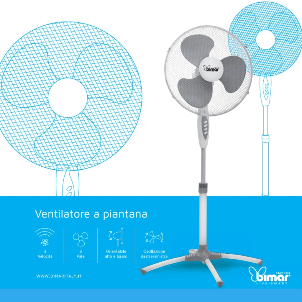 Bimar INB-VP503 Ventilatore a Piantana 130cm e 45W, 3 Velocità, 3 Pale, Oscillante e Inclinabile