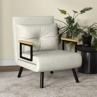 Poltrona Letto 3 in 1 con Schienale Reclinabile e Cuscino, in Tessuto Effetto Velluto, 63x73x81 cm, Crema