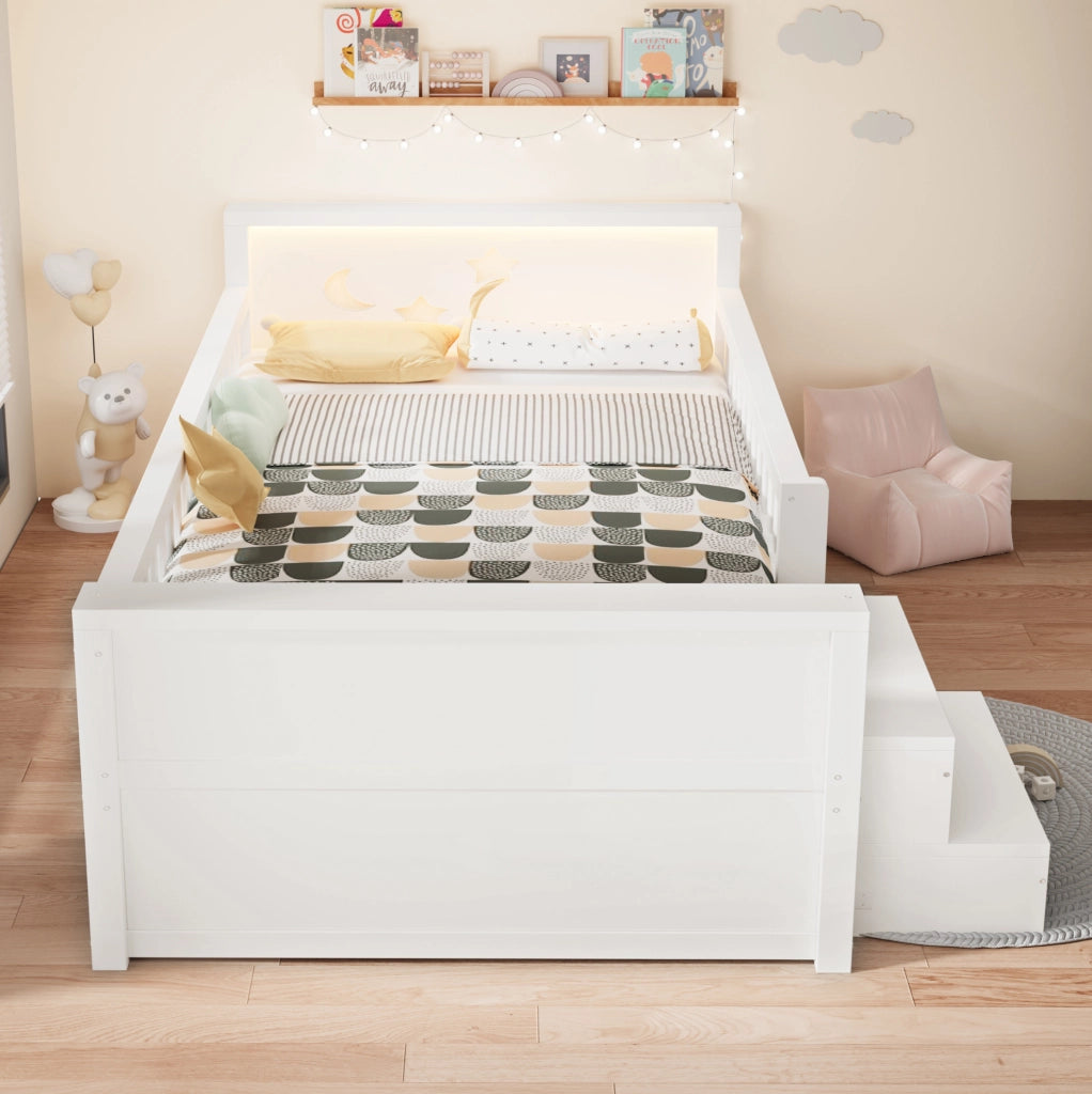 Letto per bambini 90x200 cm con LED, 4 cassetti e sponde in MDF bianco