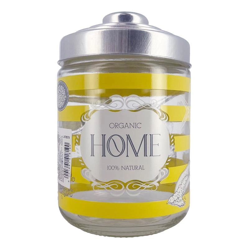 SET 3 BARATTOLI HOME IN VETRO CON FANTASIA E SCRITTA HOME IN COLORAZIONE GIALLA CON TAPPO 800CC