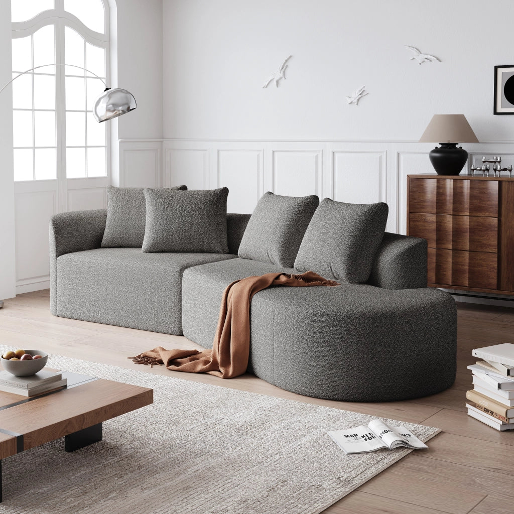 Divano Angolare in Velluto con Cuscini ¨C MINIMAL ¨C 4 Posti, Chaise Longue, Grigio