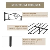 Struttura Letto Una Piazza e Mezza in Acciaio con Doghe Integrate, Testiera e Pediera, 140x200cm