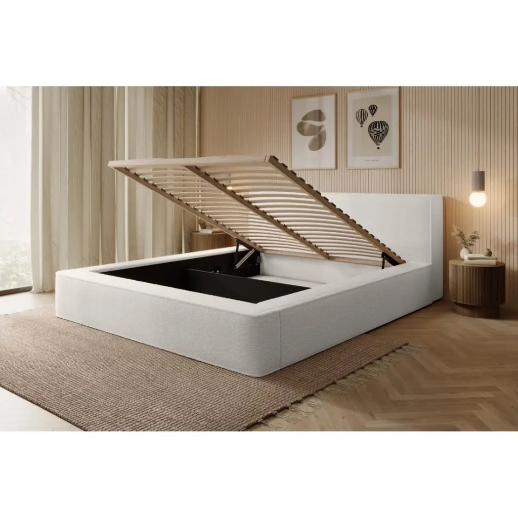 Lettino VELORA – Bianco alpino riccioluto – 140x200 cm – Tessuto velluto morbido – Rete sollevabile – Deposito integrato