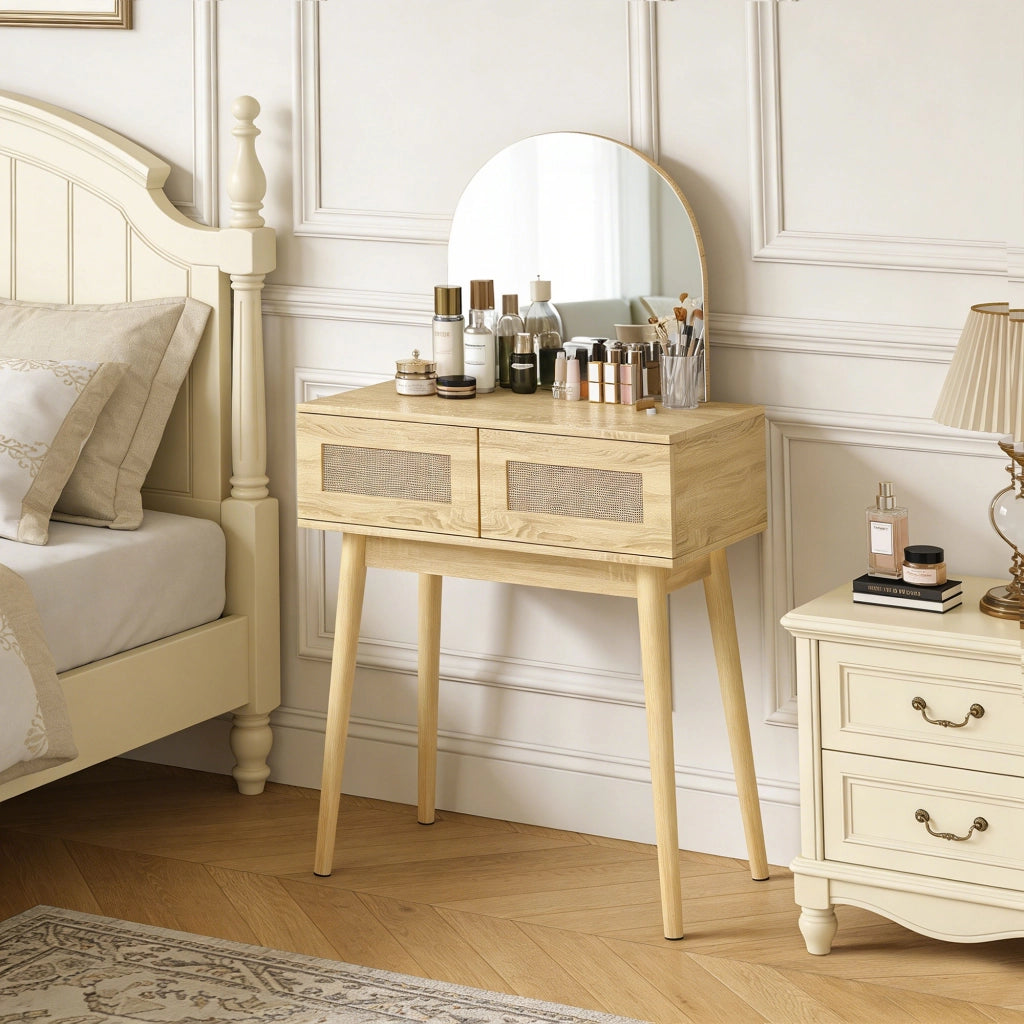 Tocador con Specchio Arcuato e 2 Cassetti ¨C zephmum ¨C Legno Naturale con Frontale in Rattan