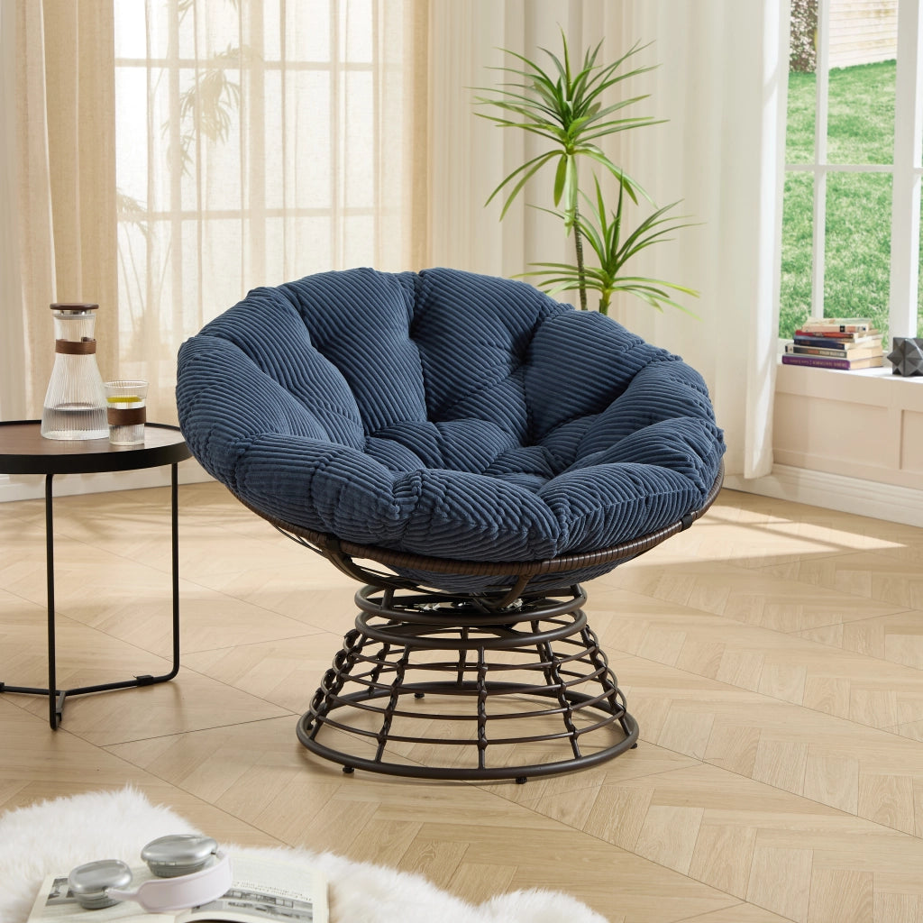 POLTRONA Papasan girevole 92x67 cm acciaio e rattan PE marrone con cuscino blu navy
