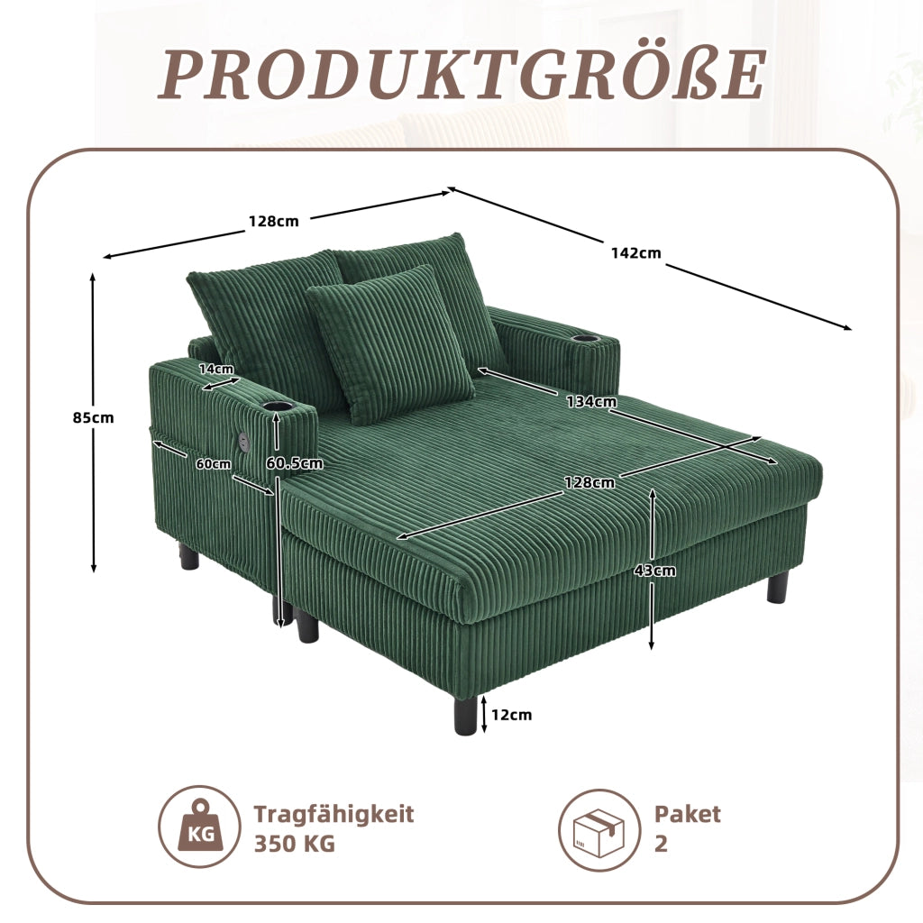 Poltrona relax con USB, Portabicchiere e LED, Schienale imbottito, in velluto a coste, Verde smeraldo