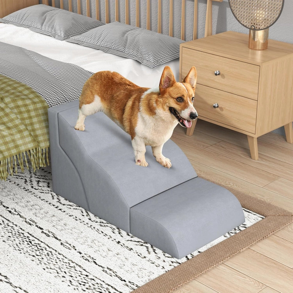 Scale per Cani in Schiuma a 3 Livelli, Rampe Scale per Animali 2 in 1 per Letti e Divani, Gradini per Animali Infortunati e Anziani con Base Antiscivolo, Copertura Lavabile e Rullo Adesivo
