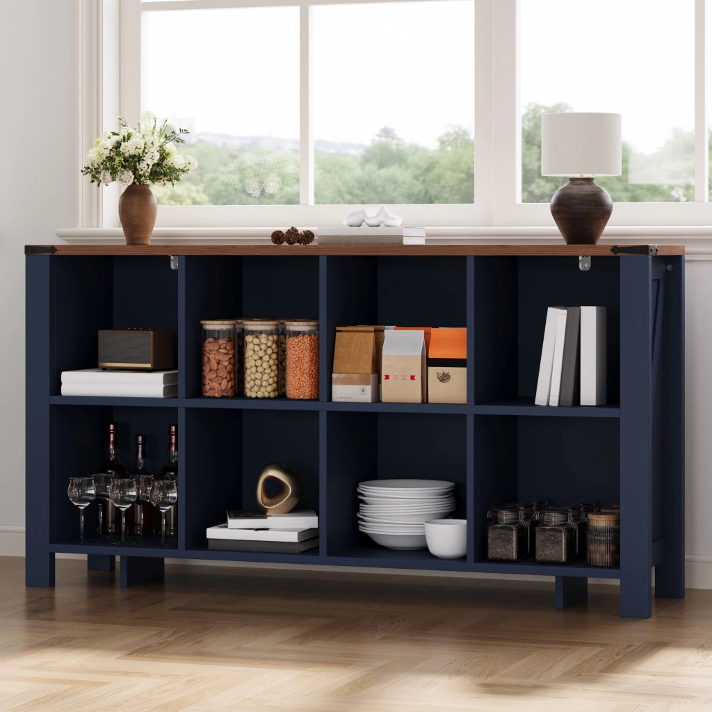 Libreria Orizzontale Blu in MDF a 8 Vani 140x34x75 cm