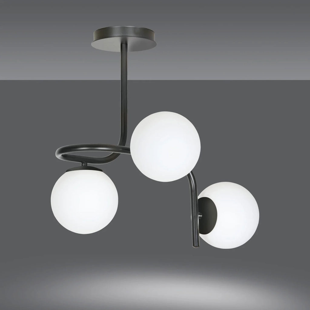 Lampadario 3 Luci Rama In Acciaio Nero A Bracci E Sfere In Vetro Opalino