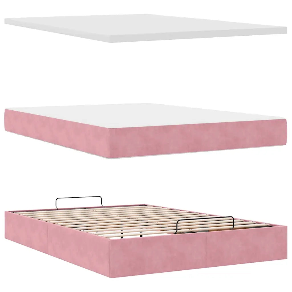Struttura Letto Pouf con Materasso Rosa 140x200 cm in Velluto 3311782