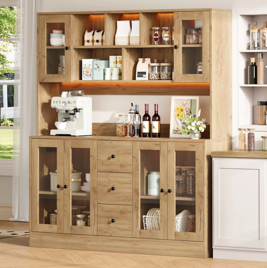 Mobile cucina ULEVR 150x40x173 cm con LED RGB, prese e USB, 3 cassetti e ripiani regolabili, naturale