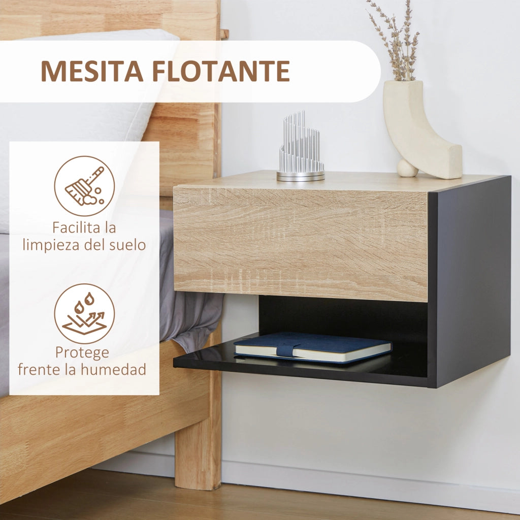 Comodino Galleggiante ¨C zephmum ¨C Legno Rovere e Nero 46x30x30cm